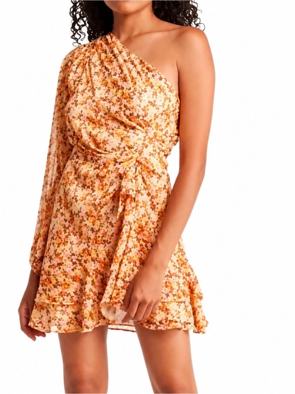 Lush One-Shoulder Floral Mini Dress in Peach and Orange